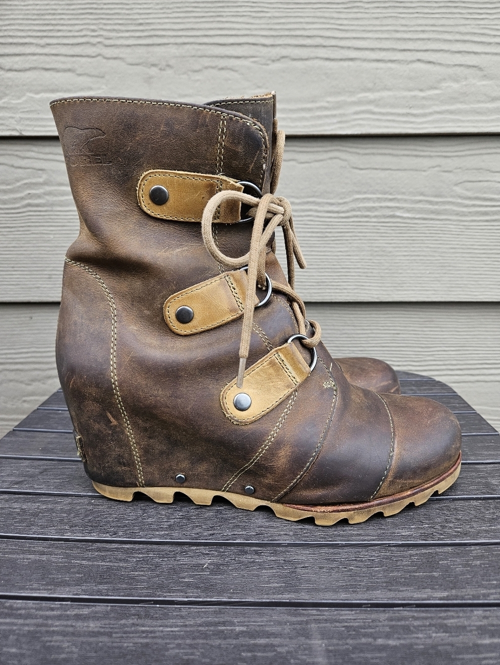Sorel Joan of Arctic Wedge Mid Calf Boots Shoes Tobacco Brown Leather Womens 9